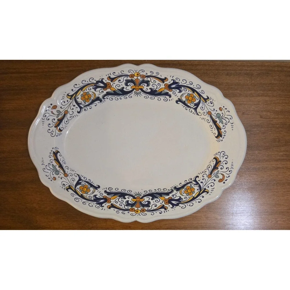 Nova Deruta Italy Oval Scalloped Ceramic Serving Platter Blue Yellow 13.5in